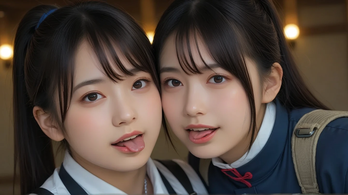kiss, two schoolgirls, dislike kiss, facing each other, no gap, cheeks collide, angry expression, close contact, on crowded train, stuck between girls, narrow confine, breasts crushed together, symmetry, tightly pressed, kiss, schoolgirls reluctantly