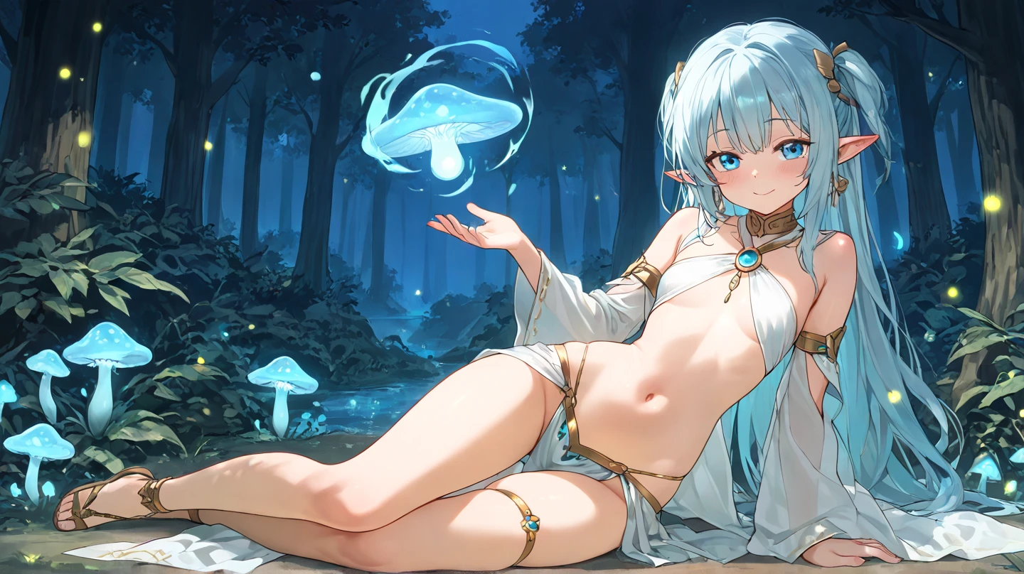 (whole body image of an ice elf:1.2),(Lying on a plush bed),whole body, Medium length elven ears, Pointed Ears,Around the ice, Frosty Theme,exotic poses, Captivating body, Lie, (In a sexy pose,Show me your nice ass:1.3),( 輝く黄colorい目:1.2), A light smile,Sexy Russian costume, blue crystal jewelry, Ice blue glowing tattoo,detailed,Realistic,4K High Definition,Mappa Studio,masterpiece,Highest quality,Official Art,figure,Clear lines,(nice_color),Perfect composition,Fantasy,Concentration,The rule of thirds,5