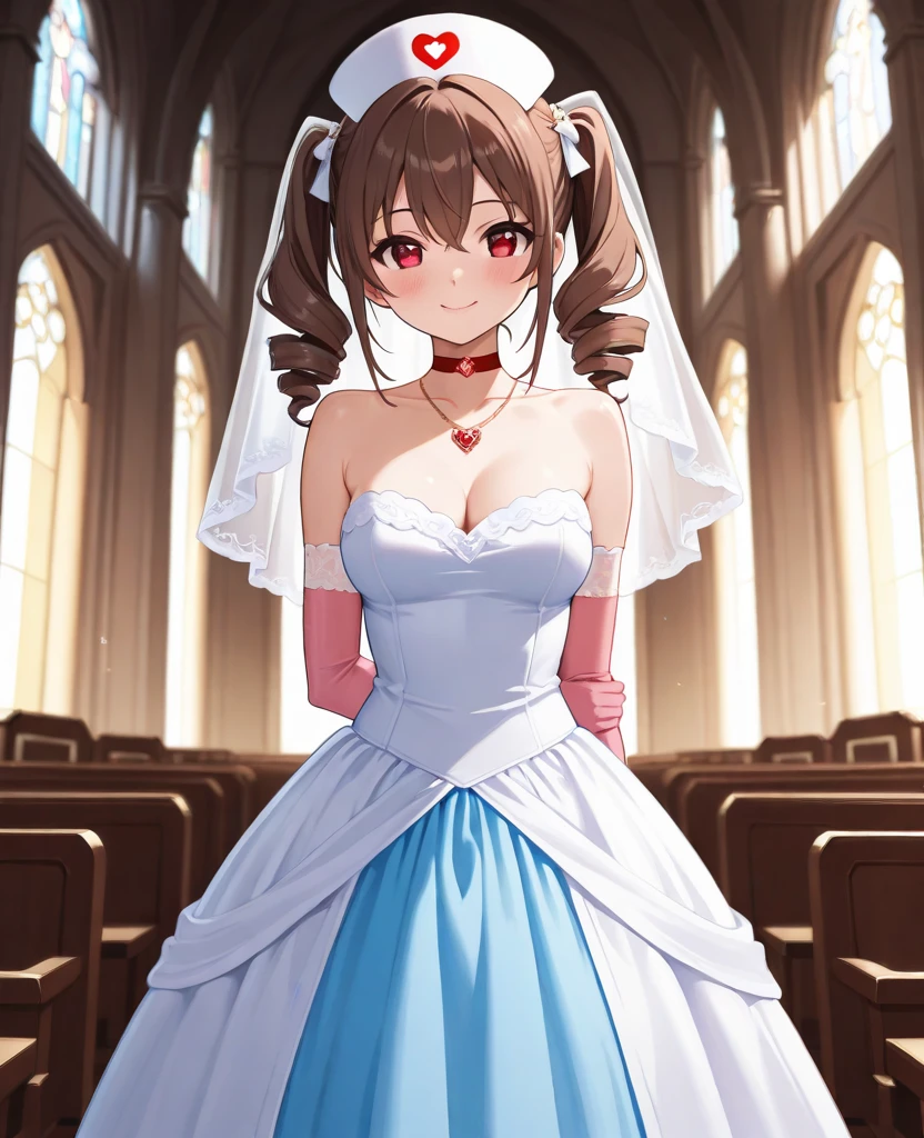 A girl,long hair, bangs, Orange hair, Hair between the eyes, (Red eyes:1.5), (Large Breasts:1.2),
rest clavicle, Wedding dress,Veil,wedding,White dress,Flowers,Broken skirt,White socks,Tights,Black knee socks,
looking at viewer, whole body,Put your hands behind your back,
indoors, church,Standing,Standing,
rest (masterpiece:1.2), best quality, high resolution, Unity 8k Wallpaper, (illustration:0.8), (Beautiful and delicate eyes:1.6), Extremely detailed face, Perfect lighting, Extremely detailed CG, (Perfect hands, Perfect anatomical structure),