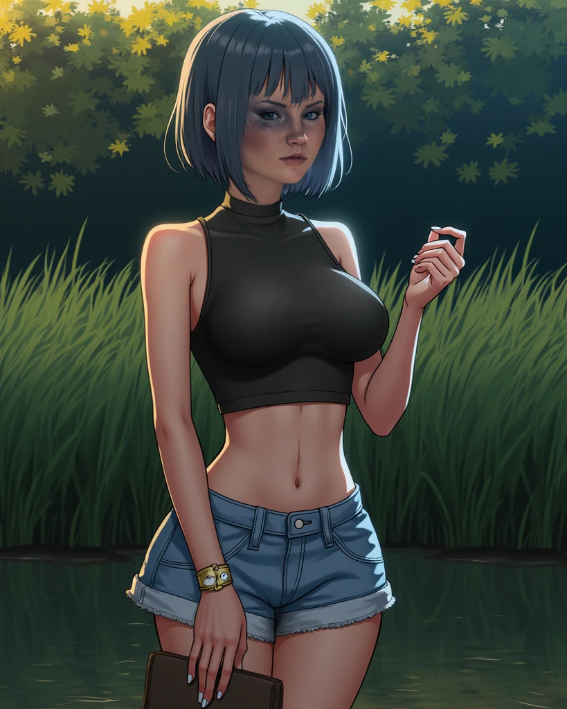 FengMin,black bob cut,
dirty,upper body, sitting,
black and teal collared shirt,short sleeves, shorts,
nighttime,bowling alley, horror movie,cabin, cleavage,
(insanely detailed, beautiful detailed face, masterpiece, best quality) cinematic lighting,
<lora:FengMin-10v6:0.8>,