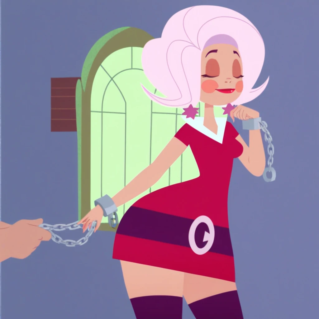 cartoon, deedee, woman, blonde hair, blue eyes, perfecte eyes, tied ankles together, barefoot, tied arms, sit on a chair, tape gagged, pink ballet costume,