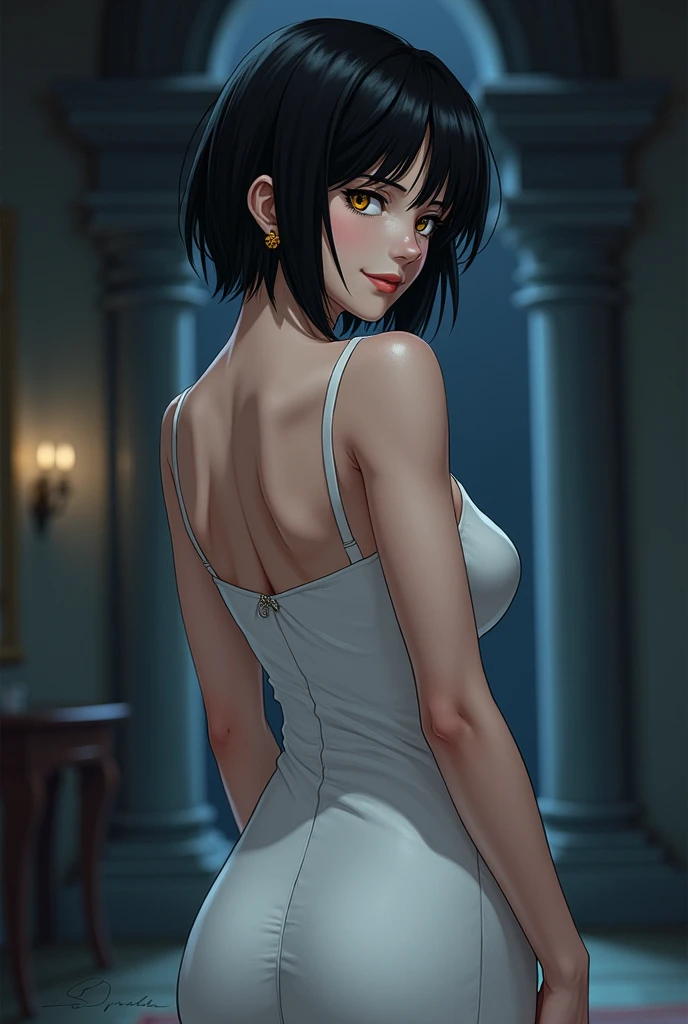 (best quality,4k,8k,highres,masterpiece:1.2),ultra-detailed,realistic,photorealistic:1.37, A woman with blue eyes and short black hair wearing a sexy white dress