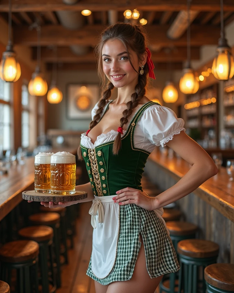 slinky full figured beautiful fancy woman with no tattoos, freckles, long curly hair, nylon blouse, black tights, in a Dirndl at the Oktoberfest in Munich, smiling, photograph by Peter Lindbergh, high definition, 50mm,