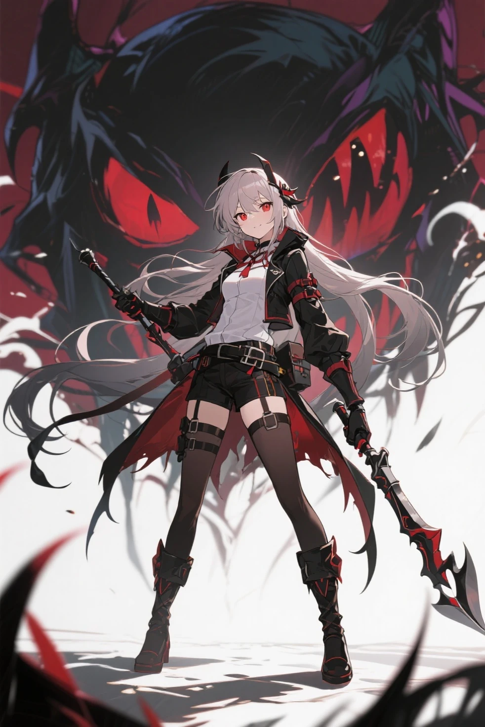 gray hair　red eye　black clothes　the scytheを持っている　boots　eyepatch　Kitchen two disease　cool　Crow　the scythe　dark　dark darkness　大the scythe　grim Reaper　evil　ponytail　long coat　sefu　ラスsefu　Red Moon　Blindfold　Black plumage　floating