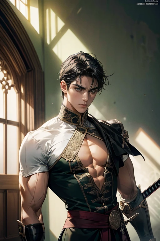 8K,Photorealsitic Raw photography top-quality;1.4) (1 Juvenile Attendant) super handsome boy (Lifelike face) Shonen Demon Slayer Black-haired mohawk Green and white exterior Green and white trousers Golden decoration Beautiful expression 超A high resolution A smile accurate detail real looking skin Equip a sword at the waist In sword and armor in a city setting by Jan J, Handsome Boy in Demon Slayer Art, G Liulian art style, chengwei pan on artstation, yangjun chen, Zhao Yun, Inspired by Zhang Senyao, by Leng Mei, by Victor Wang, xianxia hero, by Zhou Fang, by Yang Jin