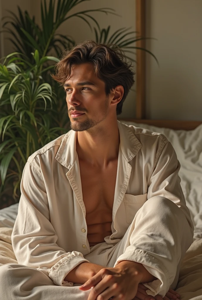 (photorealism:1.2), beautiful 176cm tall, square face shape men, sitting on bed, wearing loose off-shoulder top, pajama pants, short curly hair, indoors, soft lighting, plants in background, window with sunlight, cozy room, relaxed pose, realistic, intricate details, warm colors, by Greg Rutkowski, by Alphonse Mucha