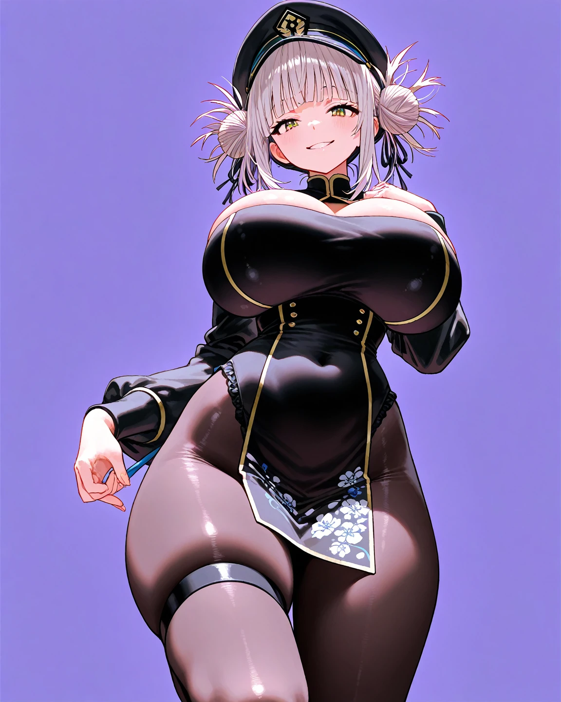 (highres, best quality, masterpiece:1.2), 1girl, <lora:Vi:1>, vi, extremely wide hips, narrow waist, small breasts, white dress, massive thighs, cowboy shot, white hair, violet eyes, gold ribbon, squatting, happy, (urban background:0.7)