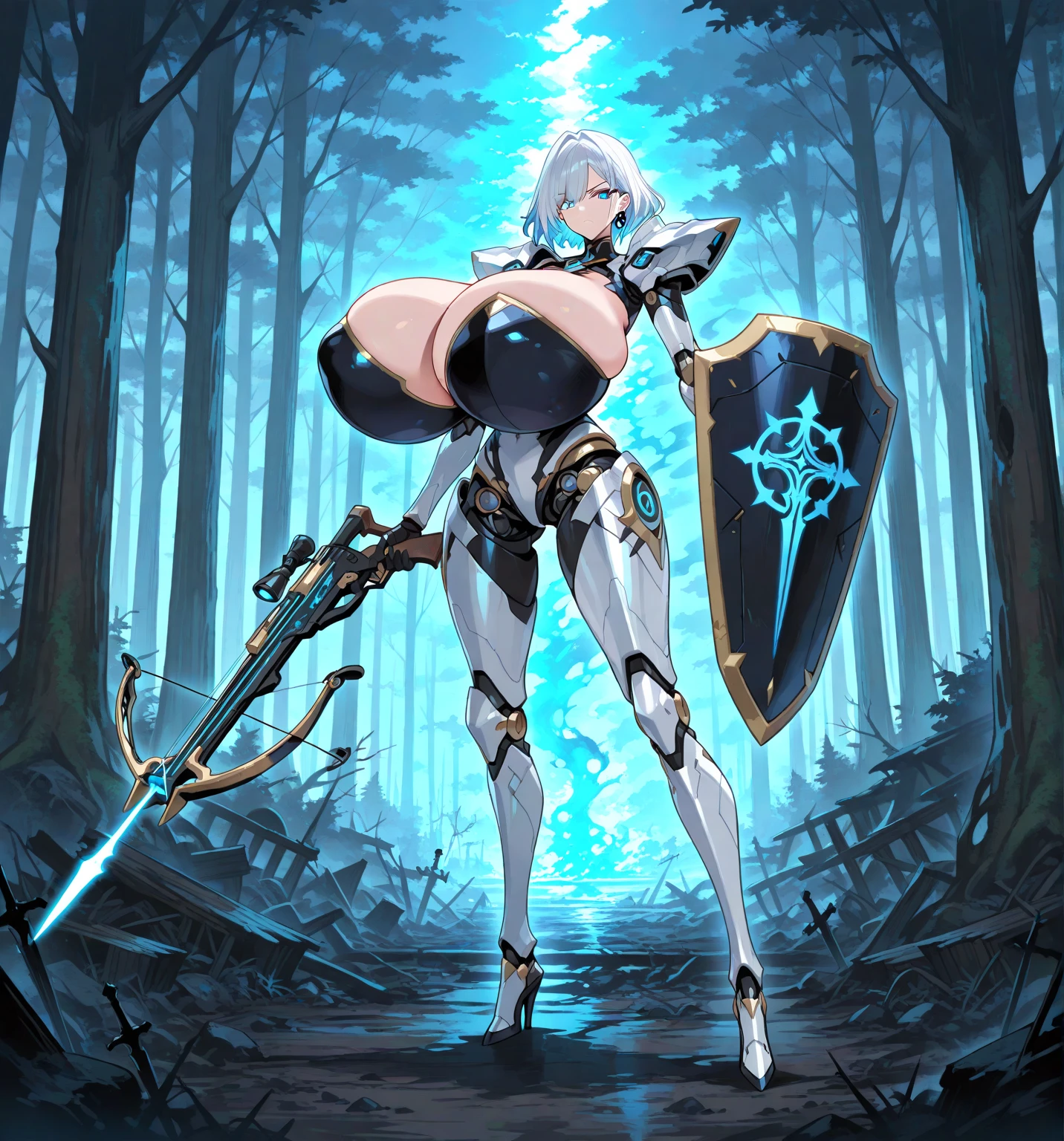 A female knight, wounded, scared face, badly torn-damaged clothes, equipment around her, full body, defeated, bare chest , tears, cum, full body, after rape, , cum dripping from vagina, in cave, surrounded by goblins, metal armor