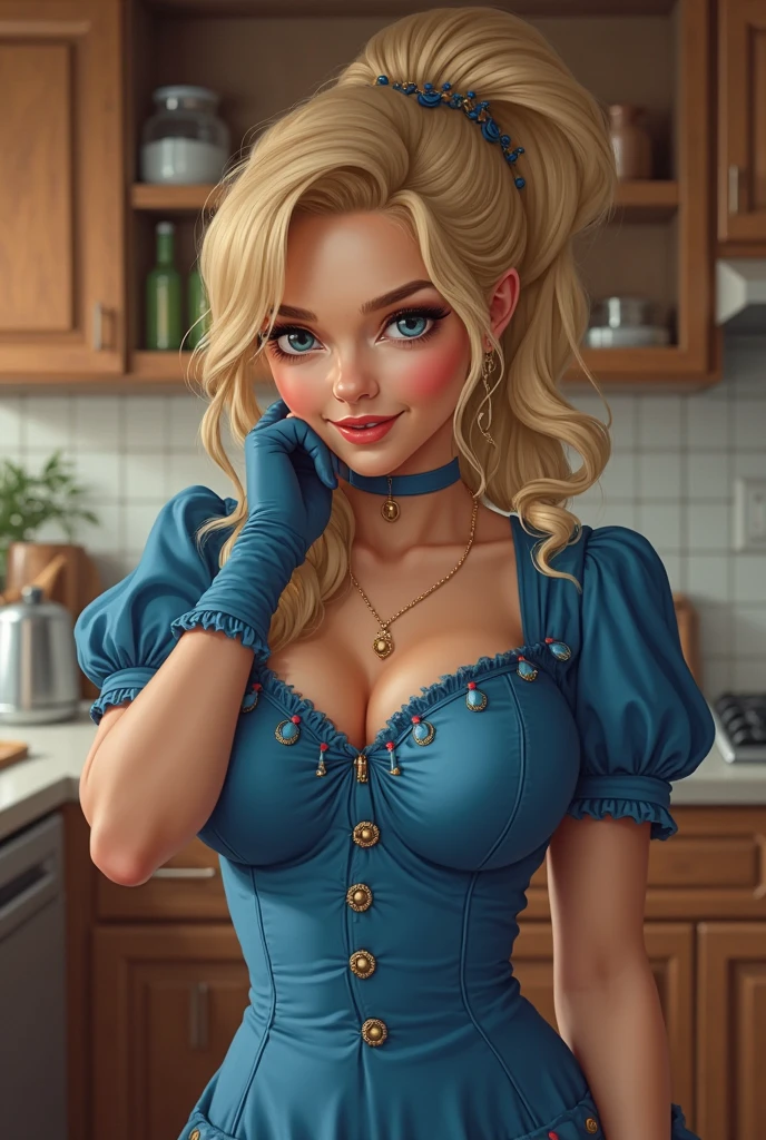A blonde woman with blue eyes,length hair, work clothes big breast, down blouse, as a beautician, Disney art.