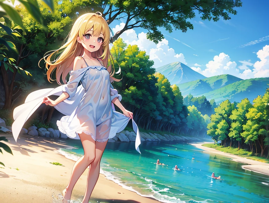 [Anime 1.5], A group of girls swimming in pond, waterfalls and mountains, flowers and butterflies, beautiful and highly detailed scenery, everyone wearing bikini's, cute and beautiful and adorable, maple trees, Sakura trees