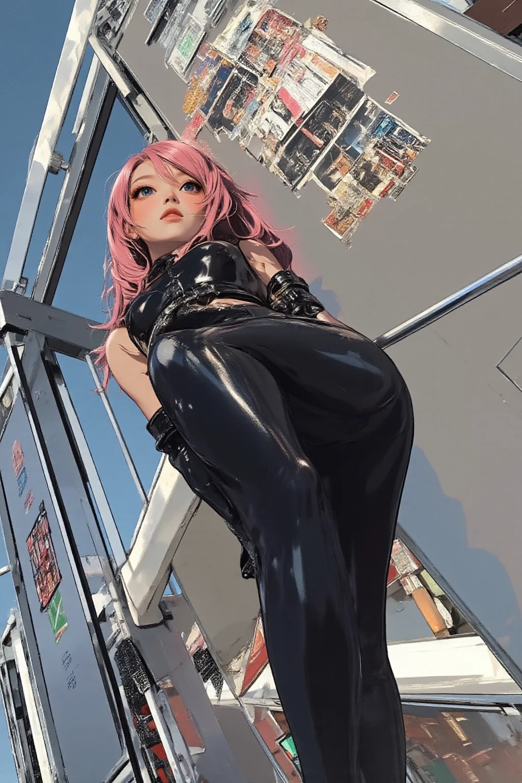 (8k, Highest quality, masterpiece:1.2), (Realistic, photoRealistic:1.37), Super Detail, One Girl, (Very detailed), (Beautiful and detailed eyes), (Highest quality), (Super Detailed), (masterpiece), (Detailed face), 20-year-old, 1 person, (Pink Hair, Long Hair), Medium chest, Dressed, Perfect lighting, break, (Shiny bodysuit with vibrant patterns:1.5), (Multicolor geometric pattern:1.3), (Metallic texture:1.4), (Highly stretchy Lycra:1.2), (Glossy satin:1.2), (Slim fit:1.3), (High neck:1.2), (Ribbed cuffs and ankles:1.2), (Simple black ankle boots:1.2), (Silver geometric earrings:1.2), (Thin bangle:1.2) brake (Ancient ruins background:1.5), (Calm expression:1.4),NSFW