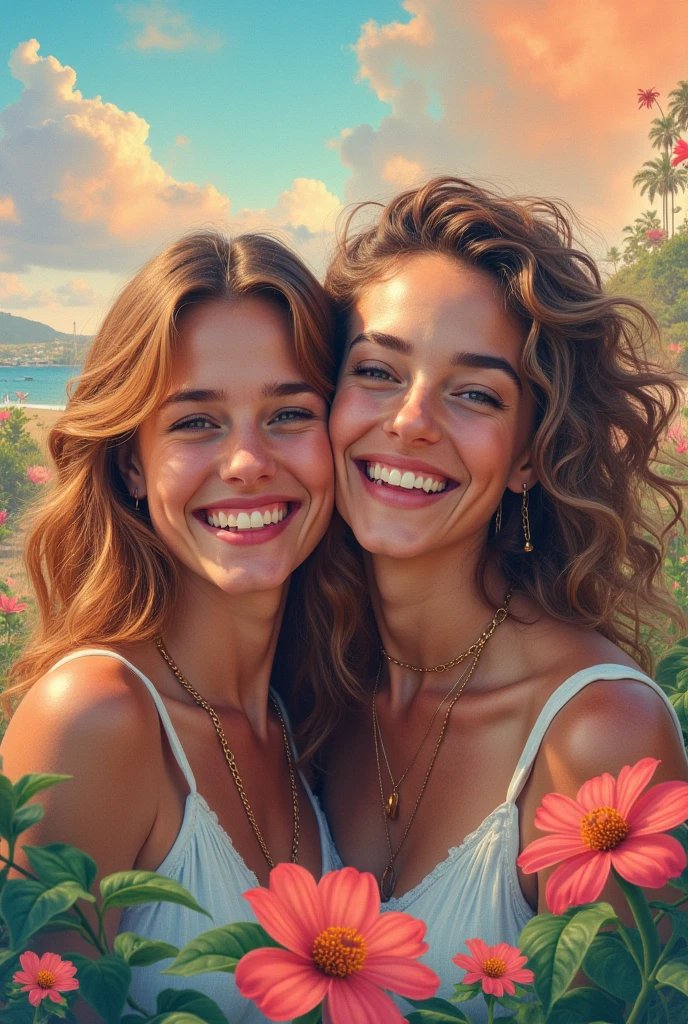 there are two women posing for a picture on the beach, 2 heads, dark skin, yellow eyes,  serious,  pink bikini, top, cleavage,   [ realistic photo ]!!, high resolution