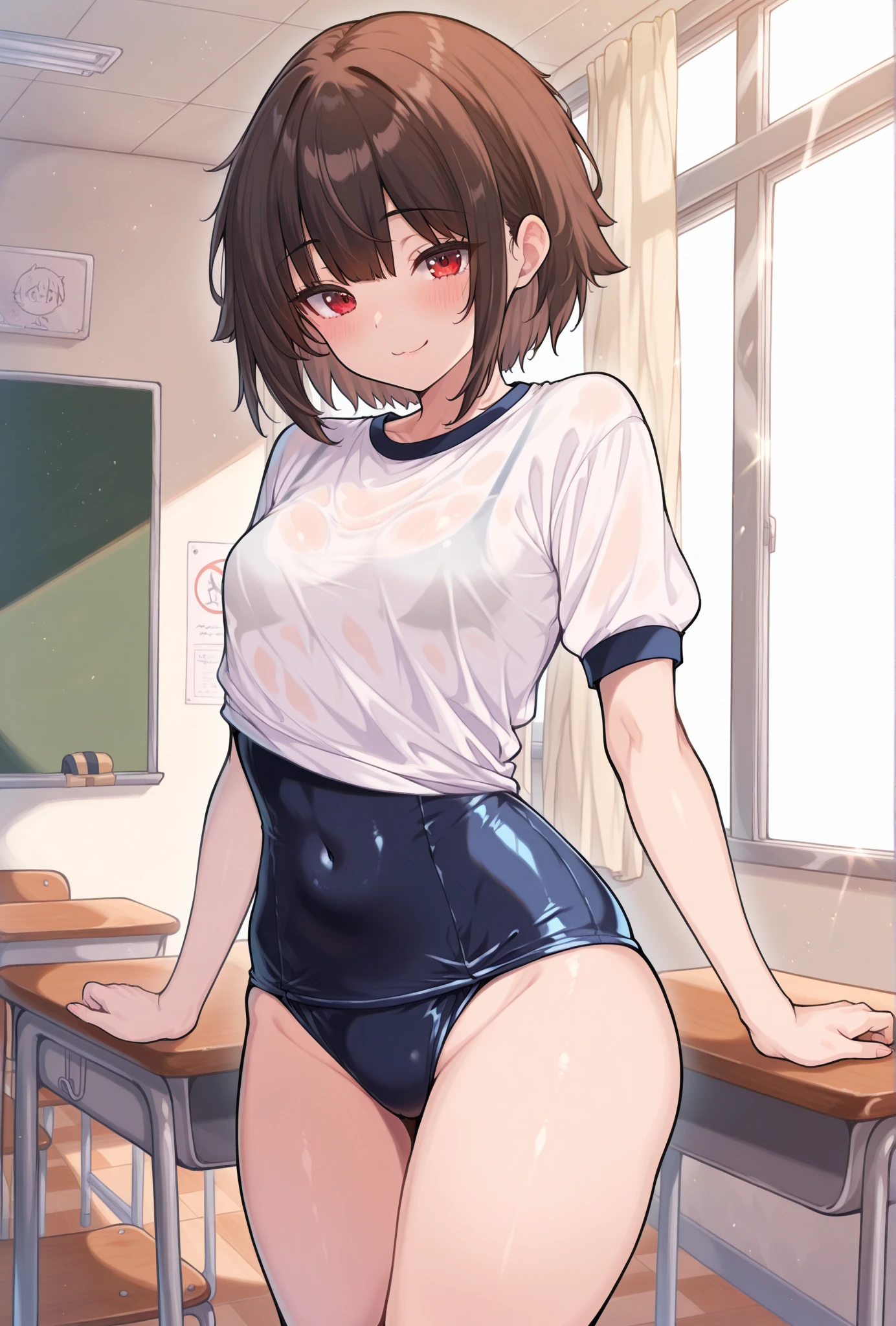 (One girl)、smile、Embarrassed、School Swimsuit、bed、From below、Dark brown short hair、Dark brown eyes、Spread your legs