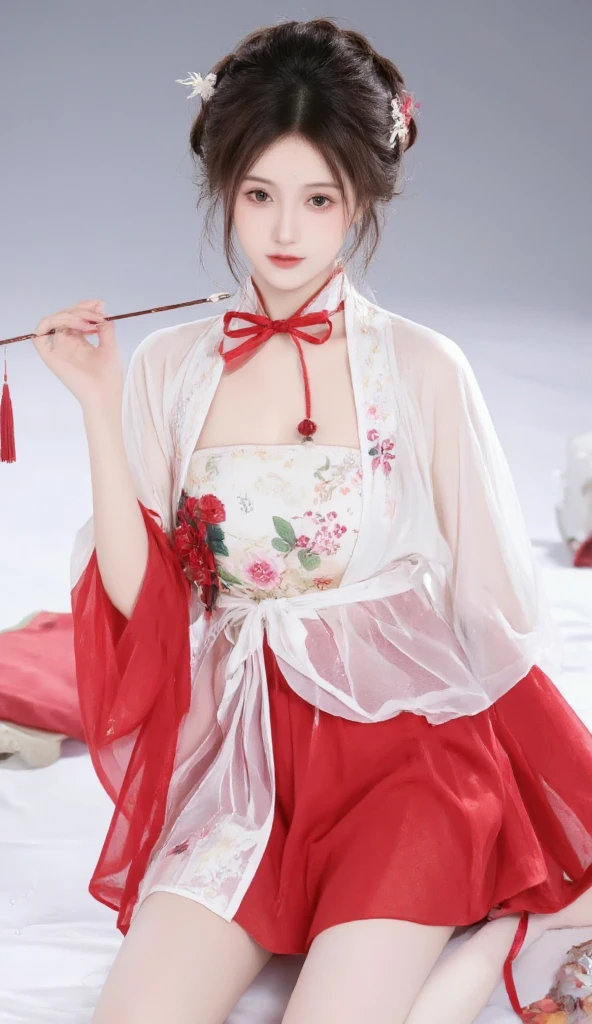 Floral pattern sheer Chinese gauze dress，Delicate depiction，Tai Chi elements，Motion capture，Optimal image quality，Pink double ponytail，Light blue eyes，Delicate light makeup，ultra HD wallpaper