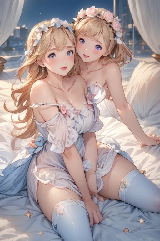 ((8K,tmasterpiece,realisticlying),(Hyper-detailing,Ultra-clear,naturey),((wavy white long hair):1.3,beatiful detailed eyes,Perfect proportions,eyes with brightness,choker necklace,ear jewelry,Pink and moist lips,The face is perfectly lit),1 busty beauty with,Cosy bedroom,Hair is shiny,The halo,Exposed bandeau silk maxi dress,Exposed milk,Elegant and beautiful hairpins,White wavy curls,Bare-legged and high heels,Reasonable movements,Very soft boobs and ass,Slender beautiful legs,Stretch meat,Fair and moisturized skin。