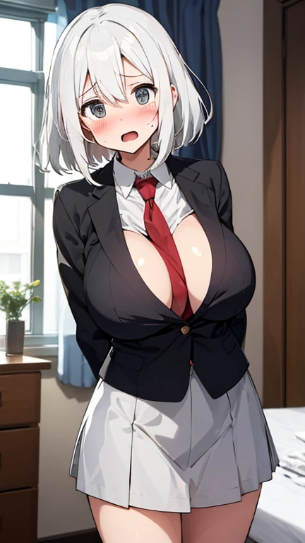 (masterpiece、highest quality、Super fine)、Anna Nishikinomiya、big tits milf、big tits milf、big tits milf、He has inhuman physical abilities like the Terminator.、A secret society that uses its power to commit dirty terrorism.「SOX」、「blue of snow field」、Ever since I kissed Tanukichi in an accident.、I feel a fever in my lower abdomen、I started to have some sort of pathological feelings for him.、Becomes obsessed with him(That feeling is for her「like」I guess it is、They don't understand that it's nothing more than their own selfish sexual desires.)。She felt shame due to the attempted rape.、人前では狸吉への求like行動は控えるため、Other than SOX and dirty terrorists, almost no one knows her secret side.。imagine pregnancy、gray hair、light blue eyes、short hair、hair band、choker、big breasts、school uniform、gray jacket、white shirt、red tie、blue skirt、jacket closed、Big skirt、Are standing、smile、open your mouth