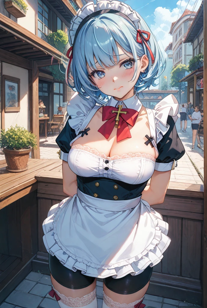 Rem from Re:Zero、light blue hair、short hair、table top、High resolution、many girls multiple girls、large crowd、lots of cute girls、big and full breasts、naughty body、See-through、throw、、whole body、Are standing、Look up at me、confused face、blush、embarrassing、Excited、white breath、black pantyhose、female shape'Private parts are clearly visible、I can see your nipples、white shirt、navy check skirt、micro mini skirt、very short skirt、bakery、Outside the store、spring、Cherry blossom trees、SakuraFubuki、Many people々々々々々々、in the crowd、bare chest、show your chest、while holding the tray、place the chest on the tray、Upper grade、A lot of milk comes out from the nipples、Breast milk gushes from the nipple、cat ears maid clothes、blue gingham maid outfit、bangs that cover one eye、pink hairpin、whole bodyポートレート、whole bodyを写す