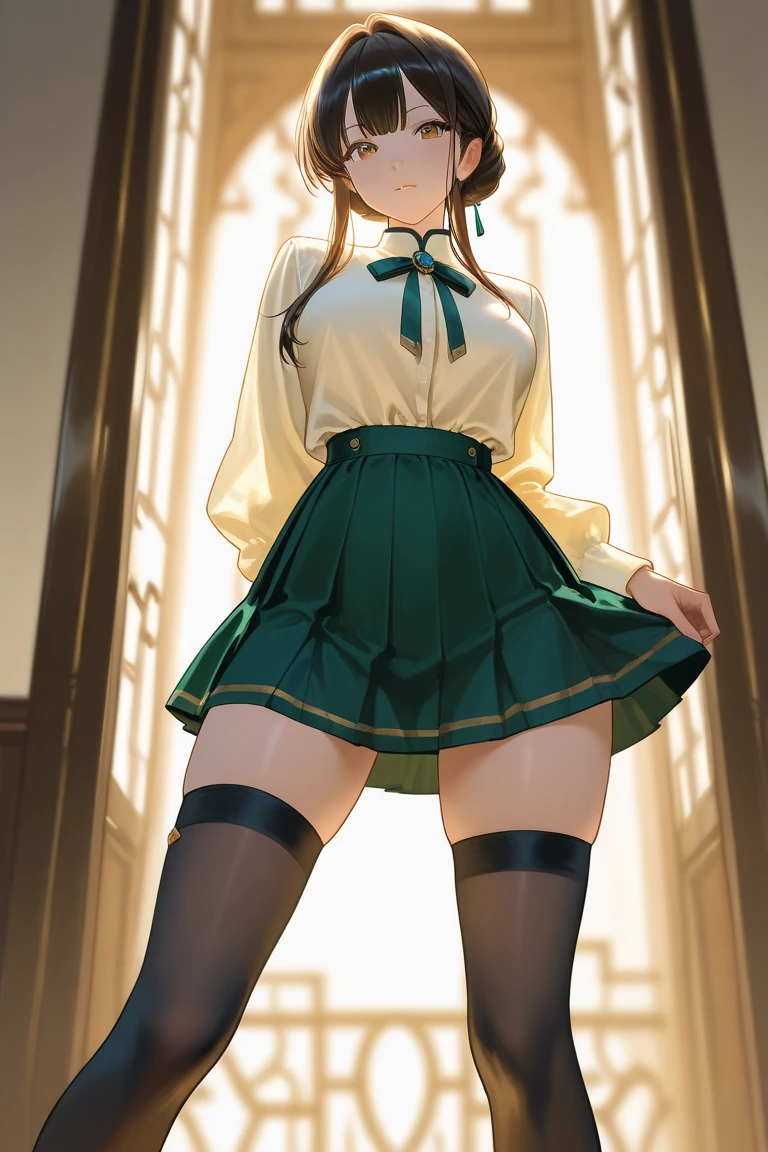 (RAW Photos:1.2, Realistic:1.3), masterpiece:1.4, Highest quality:1.3, Best details:1.3, beautifully、aesthetic, Very detailed CG ユニティ 8k 壁紙,( Vibrant colors:1.1), High resolution,break ((From below:1.3, Looking down:1.3, A powerful low-angle shot from ground level_level:1.3)),( Intense crotch close-up:1.3, Scale to fit dimensions:1.3),(( Sharp focus:1.1, Crotch focus:1.0)),(( Perfect Anatomy:1.3)),(( Five fingers, perfect in every detail:1.3)), break (One person),( skirt flipped up in the Wind:1.3),((surprised posture:1.1, View your viewers:1.3)),( Exposed Sexy_white_panties:1.3, Camel Toe:1.2), break (Seraphim:1.1),( knees_length_skirt),super detailed beautiful white skin, Slender body:1.2, Small hips, beautifully細い脚:1.3, break Most detailed Beautiful Face and eyes:1.2,(surprised:1.0),( cute:1.3, So adorable:1.1),( Beautiful Face:1.2, Perfect Face, Attractive face:1.2),( shiny brunette hair blowing in the Wind:1.3, Glossy Lips:1.0), break (Perfect lighting:1.3,Very detailed, Most detailed,Depth of written boundary), 街の階段の美しいWind景:1.1, sunny, Golden Hour, Wind:1.2, null:1.0, Dark Theme