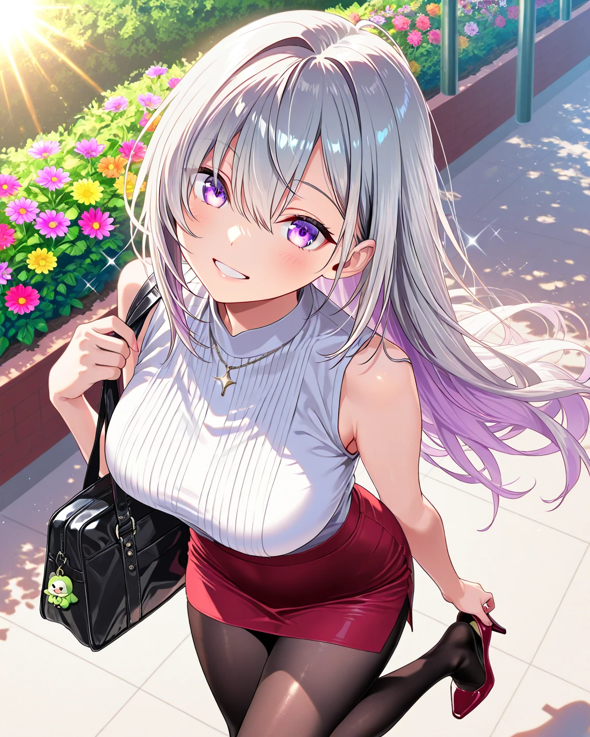 ((masterpiece, best quality, highres, UHD, perfect pixel, depth of field, 4k, RTX, HDR))), 1girl, single, solo, beautiful anime girl, beautiful artstyle, anime character, ((long hair, bangs, silver hair)), ((green eyes:1.4, rounded eyes, beautiful eyelashes, realistic eyes)), ((detailed face, blushing:1.2)), ((smooth texture:0.75, realistic texture:0.65, photorealistic:1.1, anime CG style)), ((medium breasts, cleavage, busty)), dynamic angle, perfect body, ((POV, dynamic pose, portrait)), ((white sweater, long sleeve, black skirt, plaid skirt, fashionable, 1handbag, 1diamond necklace, visible bra:0.95)), smile, open mouth, amusement park, ((cherry blossom tree, cherry blossoms fall))