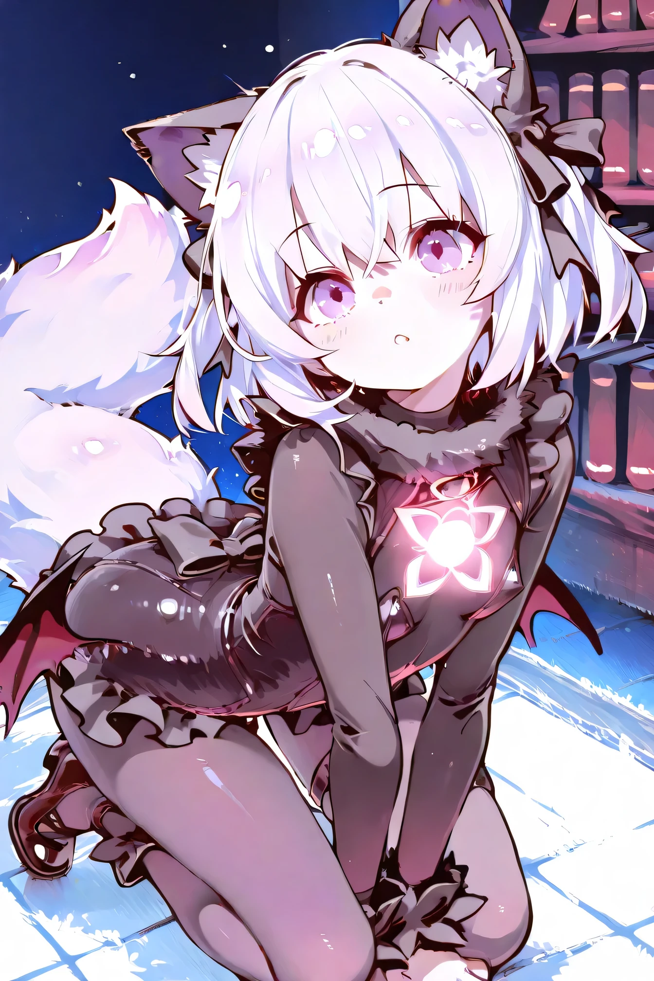Highest Quality、anime style、masterpiece、the moment when the little devil with cat ears raises one leg and loses balance after being caught in a glowing magic trap、the fluffy tail is jumping up、the costume is a black frilly bodysuit、Purple Knee-High、The background is the library at night、the magic team shines on the floor、cute