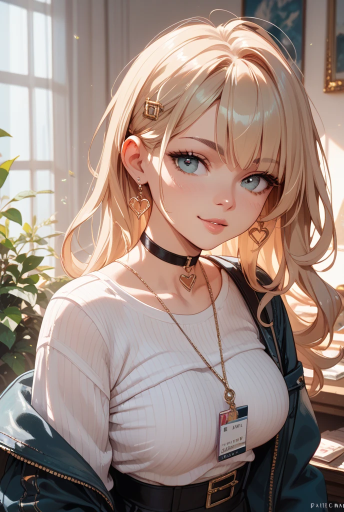 <lora:Shay_Qin-04:0.8> shay qin, blonde, grey eyes, jacket, necklace,, (thighs and up):1.5, (face focus), facing viewer, high detailed eyes, high detailed face,