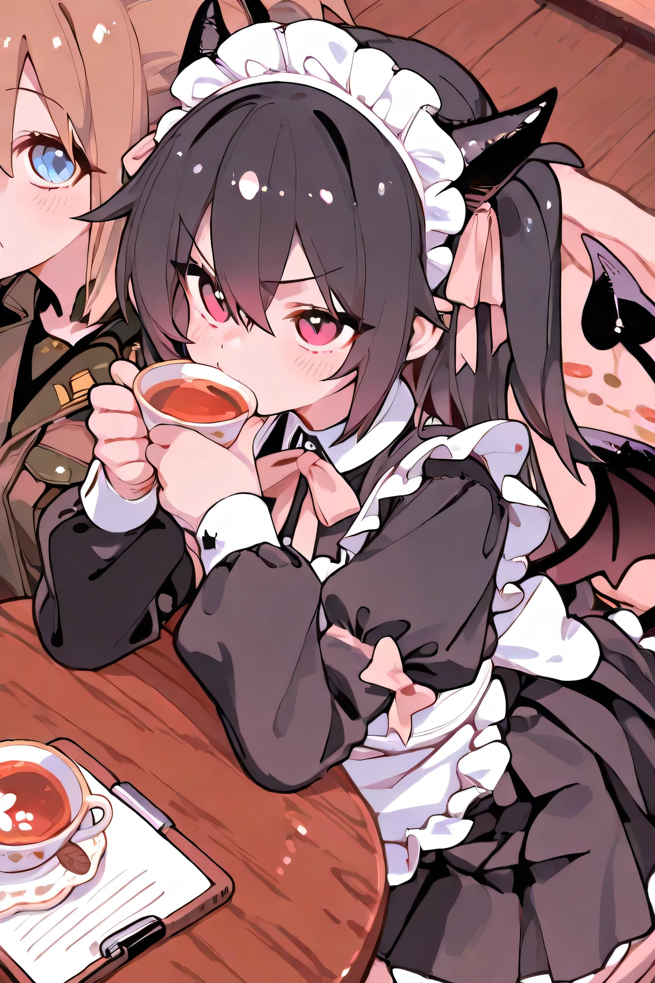 Highest Quality、anime style、masterpiece、Two people facing each other at a small table with tea and sweets in front of them、Little Devil Has Cookies in His Mouth、Hunter has a serious face and spreads out a notepad、Little Devil Has a Maid Style Black Dress with a Ribbon、Hunter Is a Military Uniform Style Jacket＋pleated skirt、cute