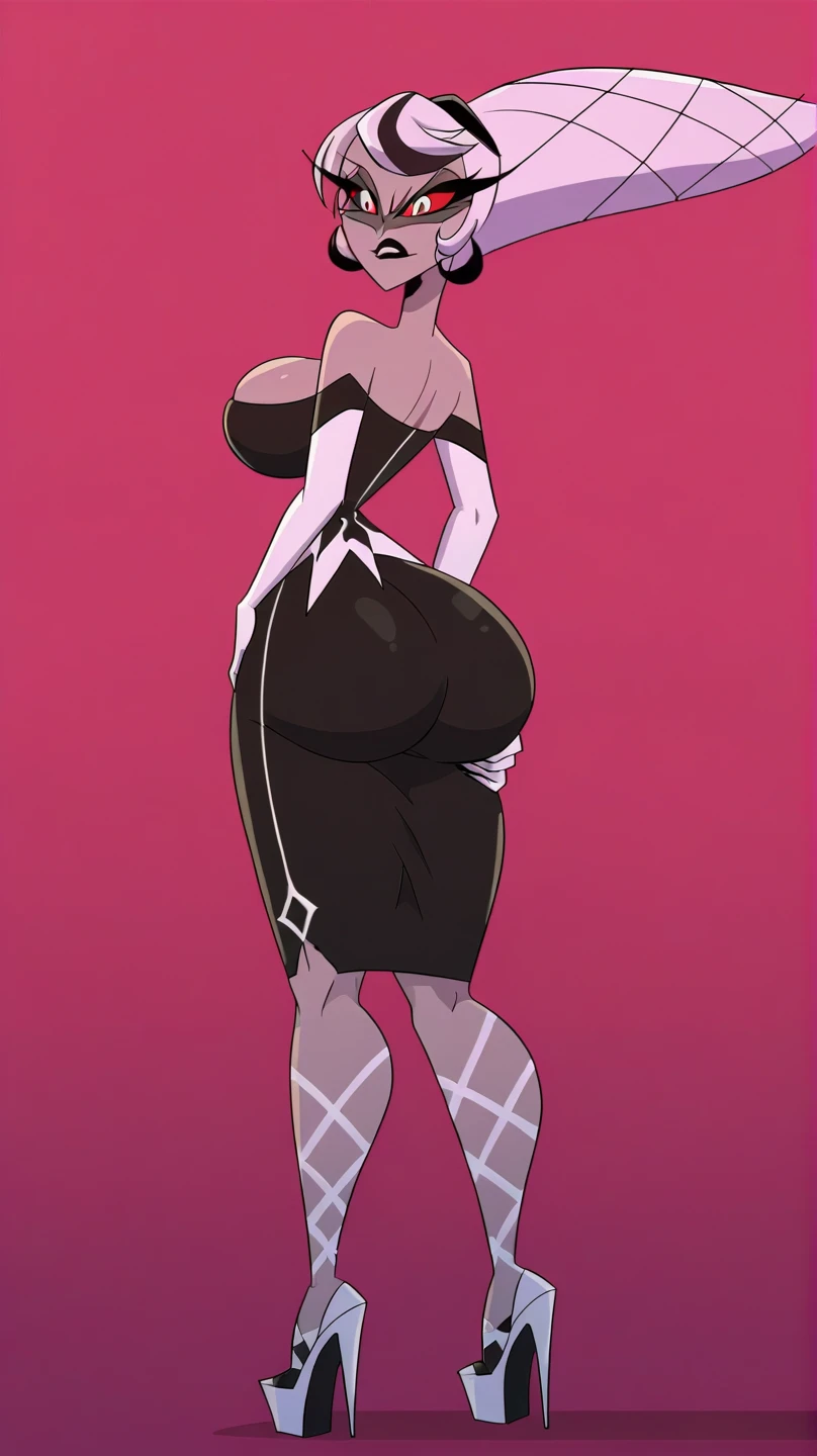 highly detailed, high quality, masterpiece, beautiful, (full shot, back side view), (((niis art))), (((niis (character)))), koala, marsupial, vombatiform, athletic female, mature female, dominant female, camel toe, curved leaves, mammal, 5 fingers, 5 toes, bubble butt, (((huge Breasts))), (((white body))), (((white fur))) (((White and black hair))), (((more white than black))), (((black hair in the middle))), two tone hair, (((Long hair))), curled hair, (((black eyebrows))), (((whithe eyelashes))), (((Dark eyeshadow))), (((Little horns))), (((Black horns))), (((Black snout))), (((Black arms))), (((Black hands))), (((3 striped on tail))), (((black stripe))), big butt, butt squish, busty, butt, claws, (((black one piece swimsuit latex))), (((feet detail))), (((half-closed eyes))), narrowed eyes, fingers, (((floppy ears))), long ears, genital outline, good body proportion, (((perfect morphology of a tall thick thighs woman))), grabbing own butt, one hand on butt, humanoid feet, humanoid hands, horny face, in love to the viewer, (((large butt))), looking at viewer, loose sandal, standing, nails, on one leg, one leg up, open toe sandal heels, partially visible vulva, plantigrade, platform sandal, platform heels, protective mother countenance, pose, raised leg, yellow eyes, black sclera, black eyebrows, white eyelashes, sandals, shirt, shoe dangle, smile, soles, soft soles, meaty soles, solo, sheap space, spreading butt, shorts tail, (((thick thighs))), toe claws, toes, (((voluptuous))), wide hips, curvy figure, curvaceous, absurd res, hi res, signature, in a spaceship next to a large window space