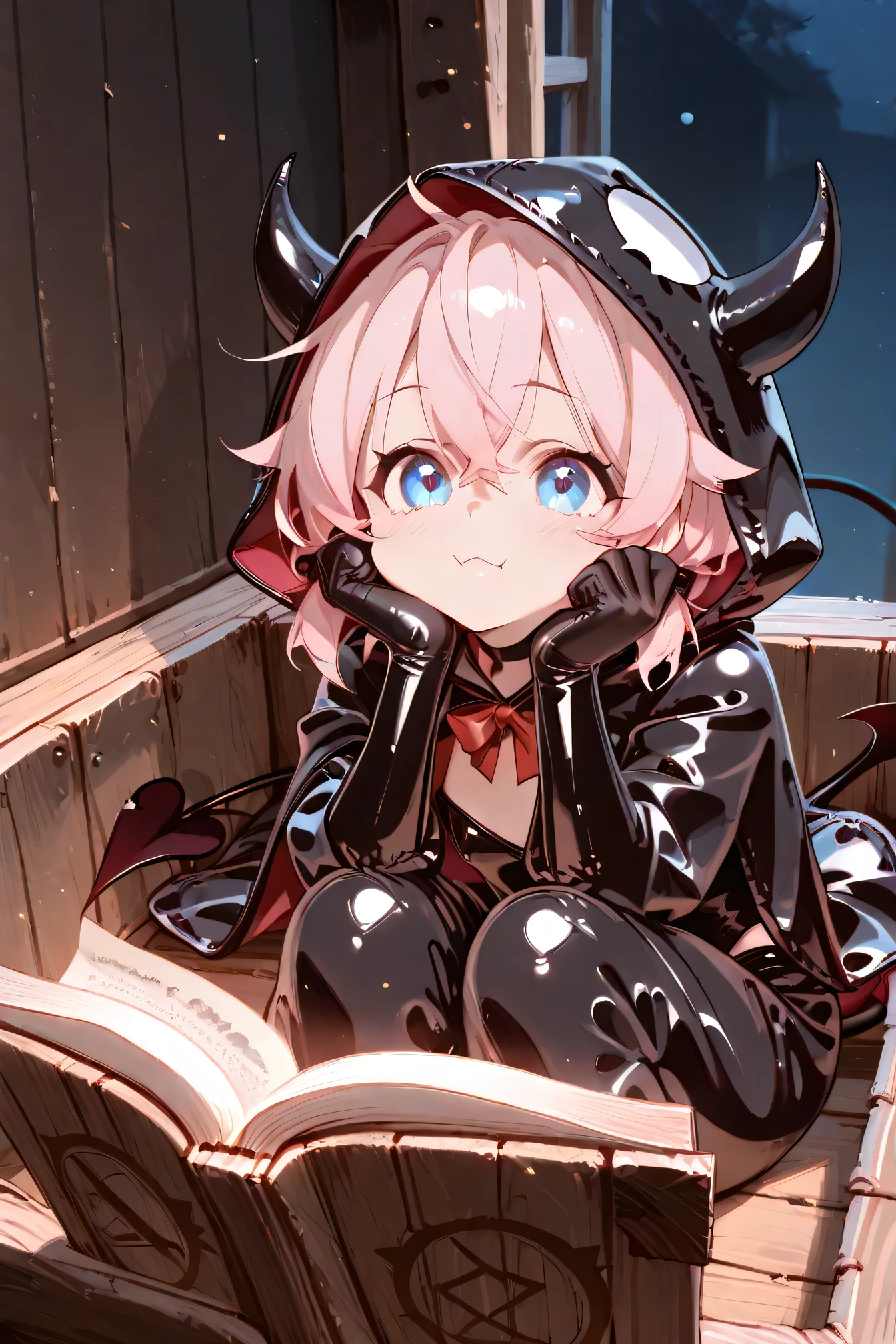 Highest Quality、anime style、masterpiece、On guard at night、the little devil sleeps leaning on the knee of the hunter sitting in a wooden box、the hunter wears a cape、he is reading a book while dyeing his cheeks、the little devil is a loose pajama-style magic suit+his tail is wrapped in a circle、cute