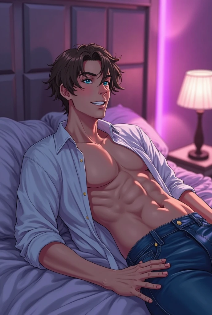 ((masterpiece, best quality, extremely detailed, highres, 8k, detailed face)), 1boy, 1man, adult man, 25yo, nsfw, undress, nipples, navel, blushing, genderswap(ftm), closed eye, (hair over 1 eye), (long bangs), (short hair), black hair, solo, good-looking guy, ikemen, handsome guy, cool boy, (thin but muscular), pov, BL, gay, yaoi, feeling love, 2boys, multiple boys, (anal sex:1.5), penis, (cowgirl-position:1.2), feelling love, feeling ecstasy, moaning, wavy mouth, open mouth, (drooling), sweating, cum, (trembling), erection, spread legs, (hands between thighs):1.2, semen from penis, cum in ass, ejaculating while penetrated, handsfree, interracial, projectile cum, deep penetration, on bed, (dynamic angle)