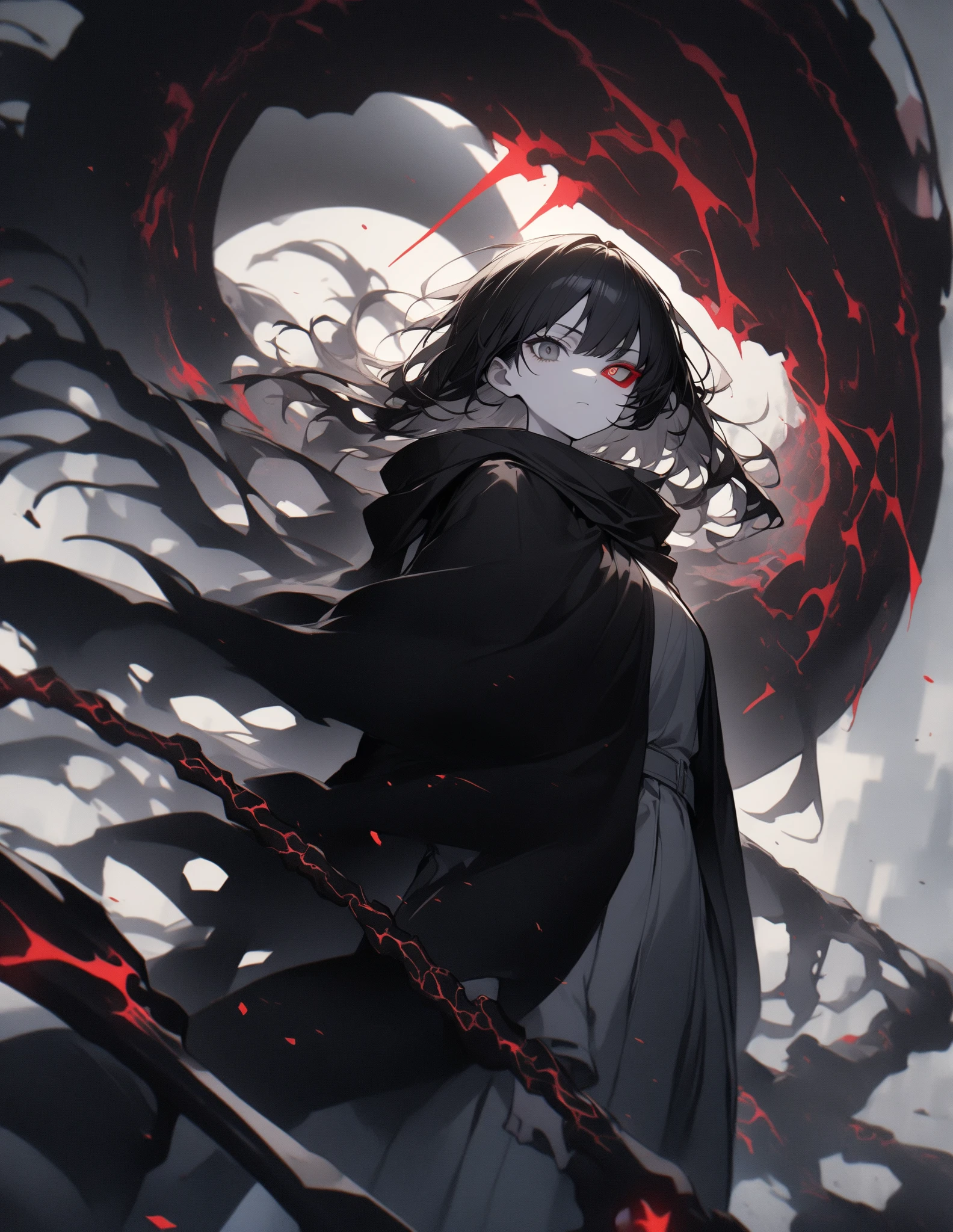 full-length, guy, four eyes, black hair, red eyes, tufts of hair, white torn clothes, shackles on his hands