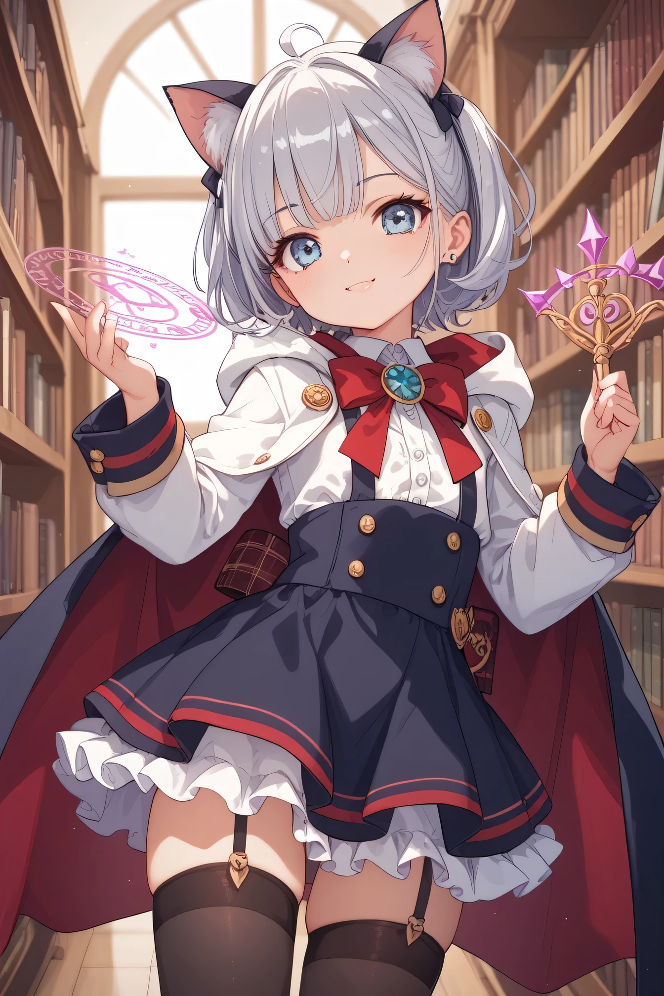 1boy, solo (thin:1.5), (twink), kemono, Furry, furry bunny, anthropomorphic, male, silver fur, silver skin, green eyes, magical girl theme, magical girl outfit, red magical girl dress, thong, with a wizard spell book on the belt, revealing outfit, mini skirt, femboy, uploaded on e621, sexy