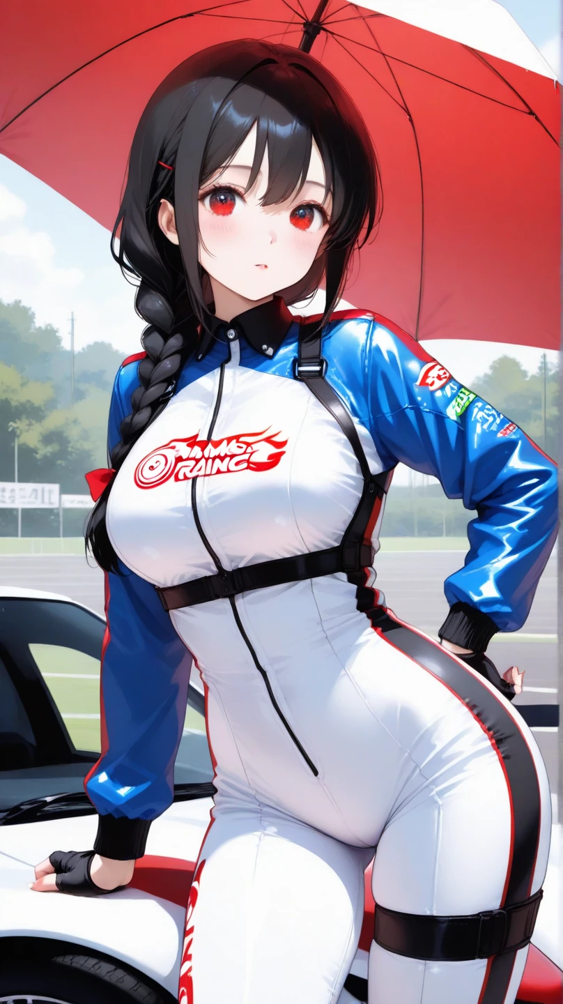 masterpiece,(ultra-detailed),1girl,, car,  racecar, circuit,   black bodysuit, cropped jacket, white jacket,Smile long sleeves, two-tone gloves, thigh boots,The belly is exposed，large bust，Large breasts，long leges，Love Hoshino of racing，Flame it up，Squat or stand or坐下，rainy sky，drenched all over the body，Behind you is a professional racing track，Abs，drenched all over the body，Eyes rolled up，scantily clad，big breasts exposed cleavage，drenched all over the body，