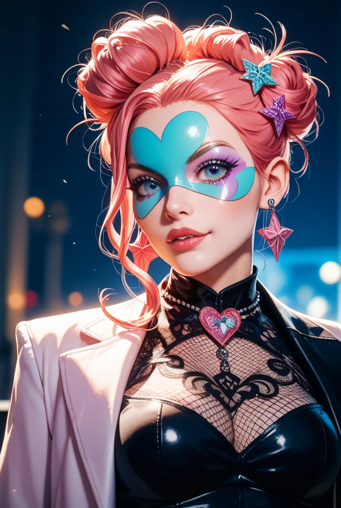 (((ultra realistic))) Photo, masterpiece, top quality, (Pale skin), (Ultra detailed face and eyes.:1.3), 1 girl, adult, on a t-shirt, ((eye makeup, mask)), (big detailed lips), ((rosa hair in a ponytail)), ((Chiolka)) , (natural breasts), Thin waist. ((Posing)), Photoshoot, studio (Soft lighting), (The game of lights and shadows), depth of field, bokeh, (Special attention to leather details.: 1.2), detailed leather texture, skin pores. (Warm frame environment.. Color range: violet, rosa, blue tones), DR, ((film grain)), ((good heavens)), (Glare), ((Photo to the waist, view from above)) , ultra detialed,
