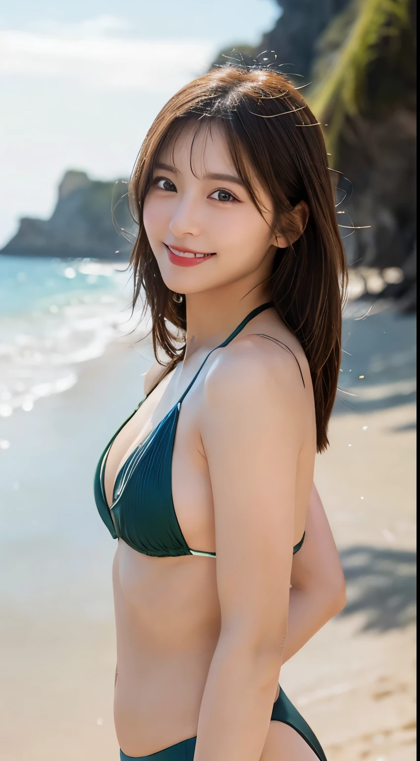 (Best quality, 8k, masterpiece: 1.3), a beautiful woman with perfect figure: 1.4, dark brown hair, high ponytail, (blunt bangs:1.2), wearing a pendant, emerald green-bikini, in the beach, highly detailed face and skin, detailed eyes, double eyelids, big breasts, smile