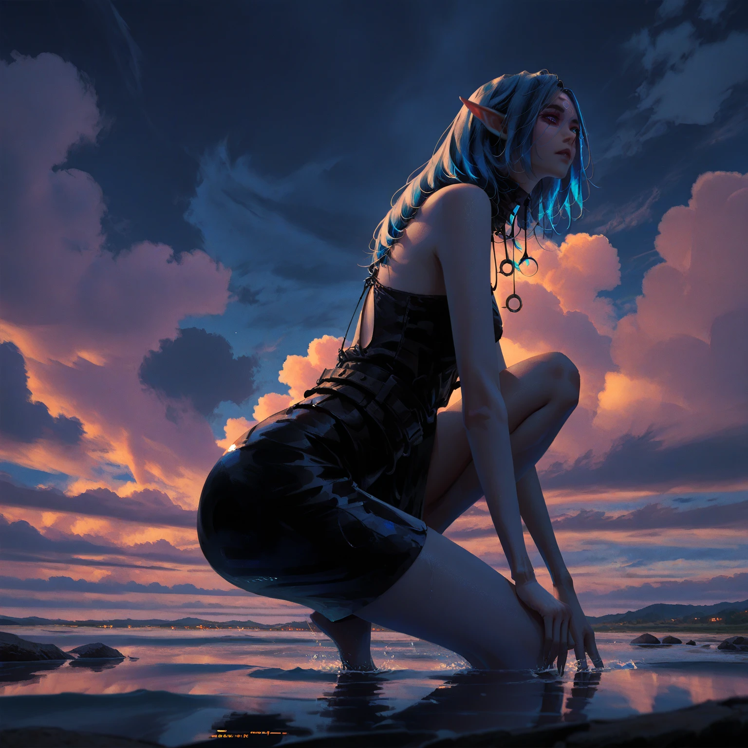 (masterpiece), anime, best quality,(photo_(medium):1.0), by Antonio J. Manzanedo, by Jeremy Lipking, lightning, in a surreal landscape, painting style with watercolor, Brush Strokes, black eyes,colorful,vibrant colors,1girl