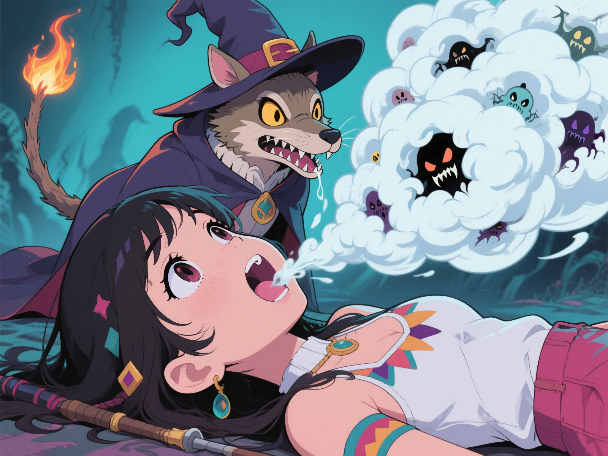 ghibli, halloween, cute werewolf, ghost, vampire, witch, ultra detailed, official art, masterpiece, illustration