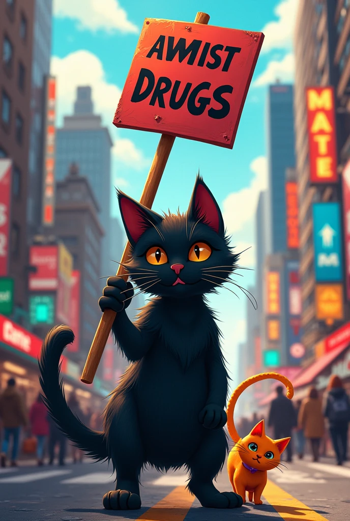 Create a drawing with a black graffiti cat with a high expression with red eyes and smoking a joint, wearing a purple sweatshirt and a yellow beanie characteristic of the streetwear style next to a graffiti written "Criis" with worn textures, splashes and abstract shapes in black and gray and yellow with a cursive and stylized writing on a brick wall with some trash cans in the background and a black backpack with some spray paint cans with some mice in the background during the night in a big city. The overall aesthetic should be raw, bold and flashy, mixing the worlds of street art and streetwear and a very old cartoon style.
