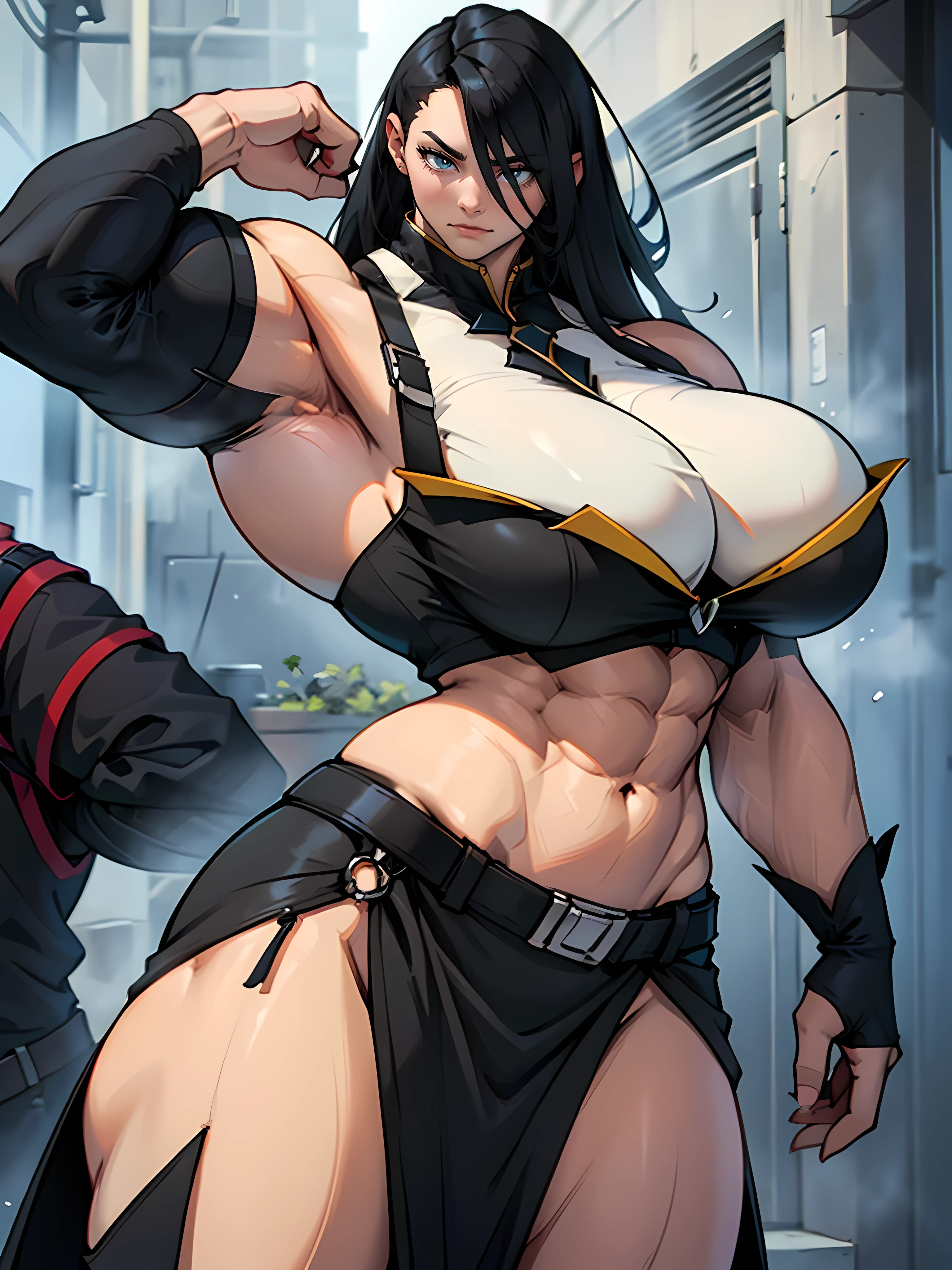 1girl, extremely long hair, solo, ((muscular)), veins, black hair, yellow eyes, blushing, thick thighs, pale skin, strong, veins, abs, big thighs, huge breasts, navel, standing, angry, anime style, tight pants, tight shirt