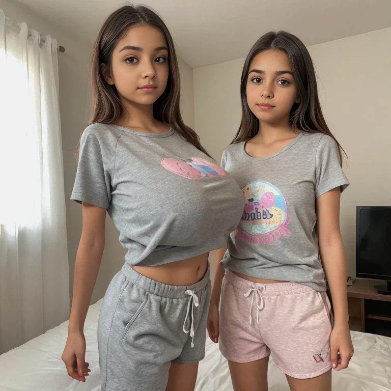 deux femmes ensemble de 18 ans sexy et mince , pink short sleeve hoodie , salle de classe, se touche,position sey,sensuel