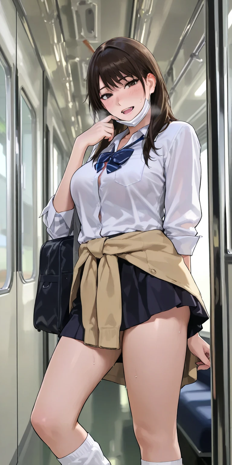 ((masterpiece)),((best quality)),ultra-detailed,illustratio,Explicit,nsfw,Beautiful body,Beautiful Nose,Beautiful character design,perfect eyes,perfect face,wallpaper,ultra highres,4K,photography,(Beautiful, large breasts:1.2),(beautiful face:1.2),(beautiful legs, perfect legs),(meitantei conan \(style\), detecive conan \(style\), meitantei conan),shiny skin,anime screencap,official style,Mori Ran,(black hair, long hair, wavy hair),1girl,solo,necktie,skirt,blue eyes,jacket,green necktie,pleated skirt,white shirt,black jacket,collared shirt,shirt,blazer,long sleeves,black skirt,miniskirt,bangs,wing collar,wearing white panties,BREAK,(angry:1.4),cameltoe,standing,open stance,lift skirt,show panties,upper body,from forward,looking at viewer,on the train