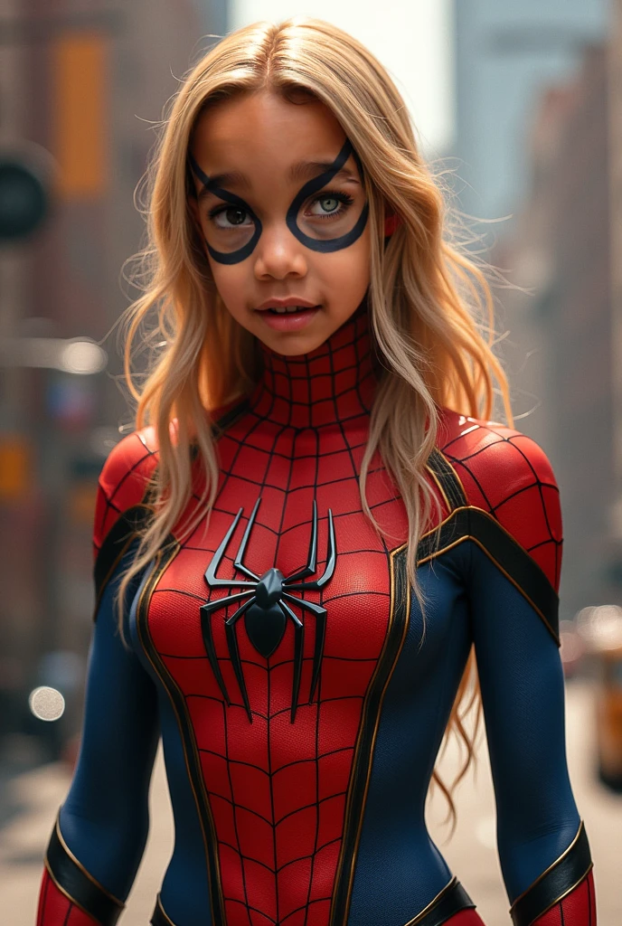 A blonde girl in a spiderman costume