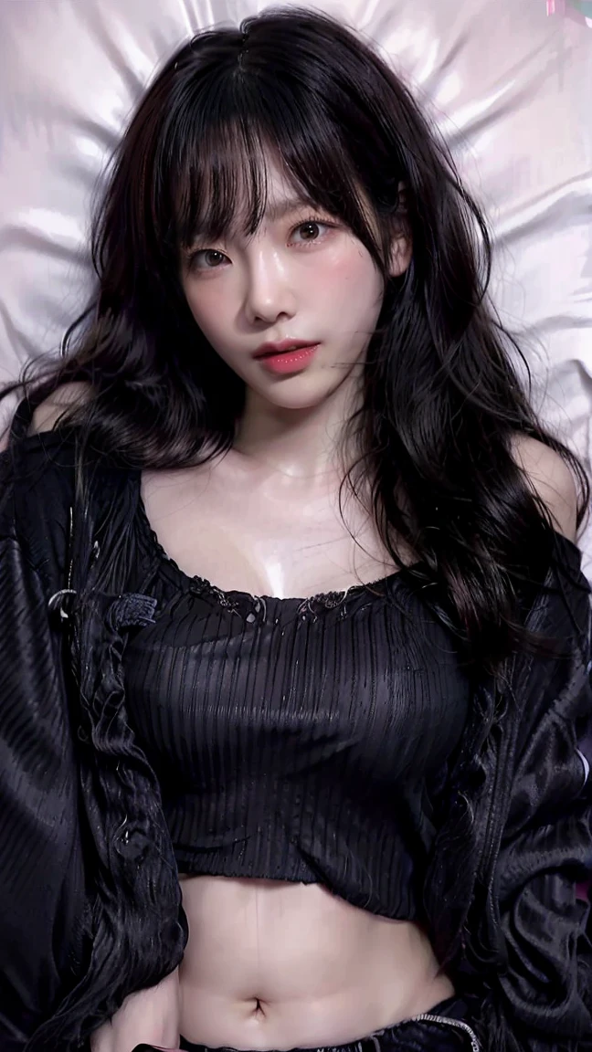 un primer plano de una mujer con un top negro y medias de rejilla, sui ishida con cabello negro, Yoshitomo Nara, Lalisa Manobal, kiko mizuhara, ella tiene el pelo negro con flequillo, chiho, young sensual gravure idol, japanese model, Hwang se - es, hermosa mujer surcoreana blackpink lisa 