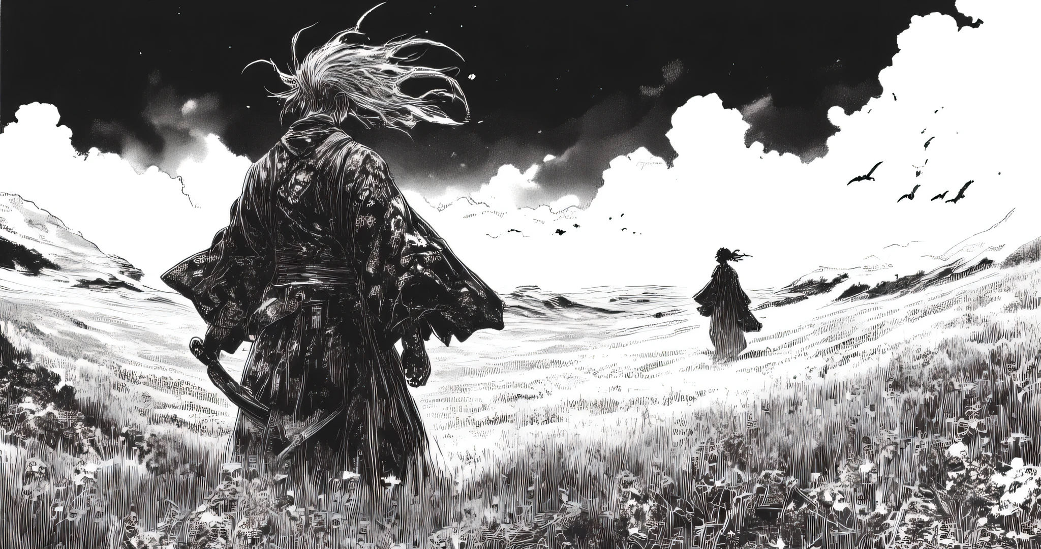 (hyper-detailed black and white seinen manga panel), ((Takehiko Inoue’s Vagabond style)), (((realistic anatomy))), ((emotional depth)), ((cinematic melancholy)), (crosshatching), (chiaroscuro contrast), (dense lineart), (rich texture), (traditional ink style), (graphite tone), (hatching shading), (film noir mood)
Scene composition: ((foreground: a lone male samurai seen clearly from behind)), standing motionless in a vast, uneven field of tall grass and wildflowers. ((His hair is long, thin, blown by wind in separate strands)), (((individually defined))), expressive. He wears a traditional patterned kimono and hakama — with visible ((natural folds)), (((realistic cloth texture))), and a ((sheathed katana)) at his side.
((Background: a small black silhouette of a woman)), placed far in the distance, hair and long dress blown in the same direction, walking slowly away. (emotional separation), (unreachable longing), (regret).
Environment: ((uneven terrain)), (rolling hills), ((layers of swaying tall grass and long-stemmed wildflowers)) that reinforce depth and scale. Use (deep spatial perspective) and (visual distance layering) to create immersion.
Sky: (dramatic gradient sky), ((tonal shading)) from dark (top) to light (horizon), ((volumetric clouds)), (fine ink textures). A small group of tiny crows flies across the sky — (scale markers), (symbolic solitude).
Style/tone keywords: (((realism))), (((seinen atmosphere))), ((traditional manga aesthetics)), (intense contrast), ((emotional silence)), ((melancholy composition)), (((fade-away emotional storytelling))), (emotive isolation), (Japanese brushwork texture).