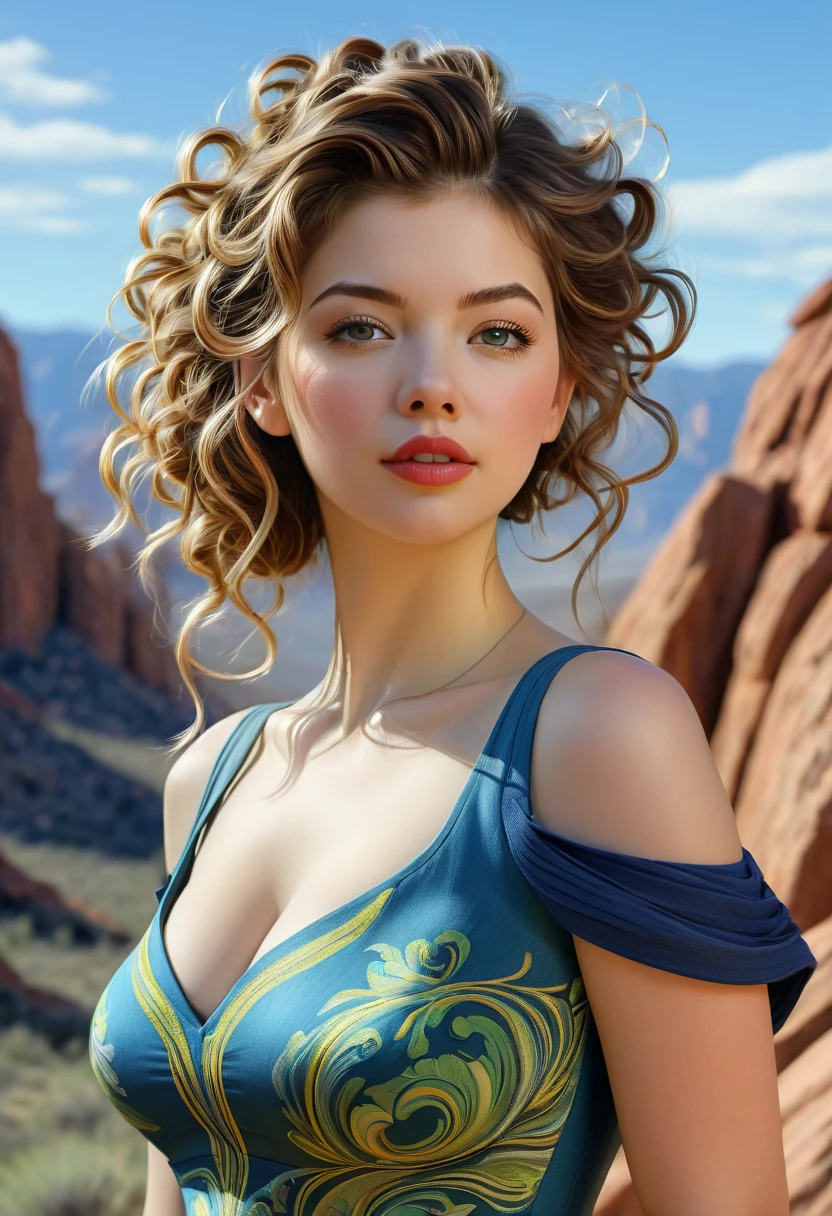 Thirst trap. A beautiful woman with large thick and wide beautiful lips with the appearance of Sabrina Carpenter, thick hips, thin waist, deep and wide breasts. with hair that is coarse, wiry, and tightly curled. It often has a rough texture, feels stiff to the touch, and may be prone to frizz and tangling. curls can be densely packed. Looking at viewer with love. Long southwestern style dress, hoop earing and jewelry. Skirts billowing in breeze. The Official Art – An Award-Winning Digital Masterpiece In 4K Ultra HD, Extreme Detail And Intricate Realism. This Concept Art Brought To Life By The Hands Of Artists Like Wlop & Artgerm In A Stunning 2D Vector Illustration. . massive, perky, perfect spheres, voluptuous, cleavage full, well shaped pleasing breasts. buxom. Background is a panoramic vista of redrock canyon with a beautiful blue river running through it.