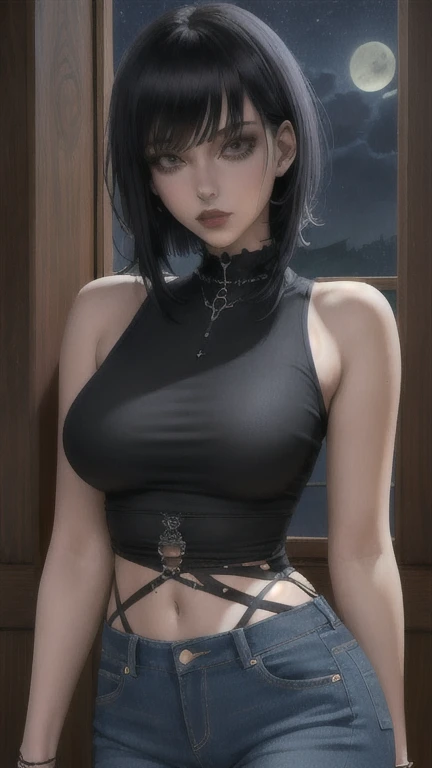 Highest quality, masterpiece, Ultra-high resolution, (Realistic:1.5), RAW Photos, 1 girl, Off the shoulder, In the Dark, 深いShadow, Inconspicuous key, Cold Light, Sexy look, Black Short Hair、Shadow、Sexy Body、Big Breasts、Sexy face、Sexy lips、Dark eyes
