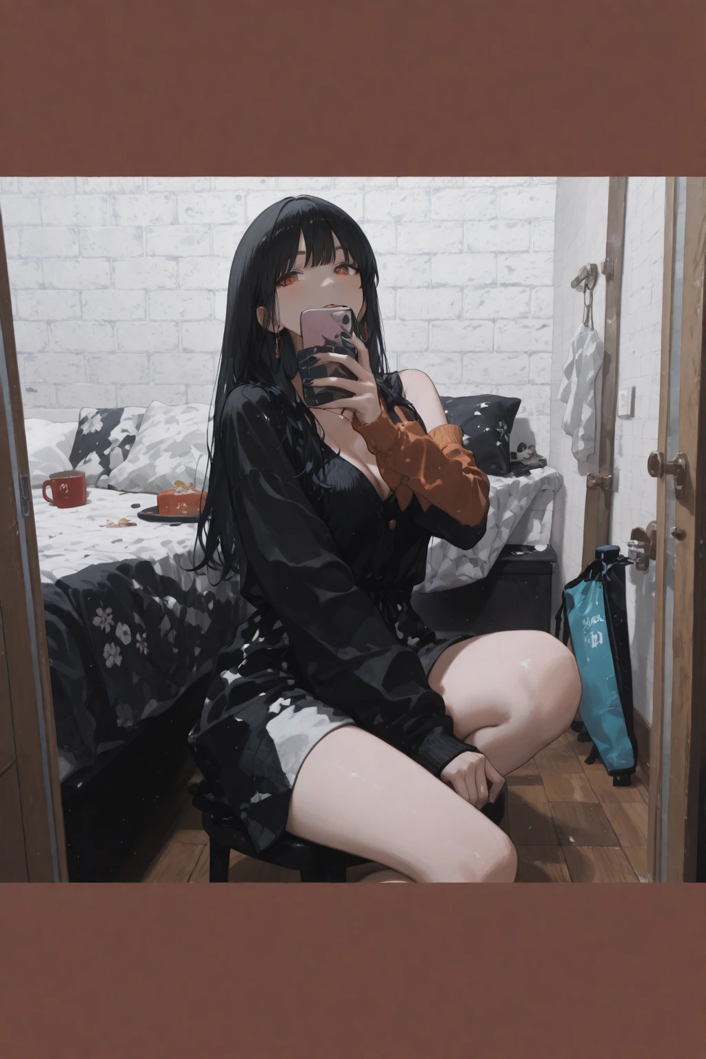 1girll，Black off-the-shoulder pajamas，Standing in the living room，独奏，Bare legged