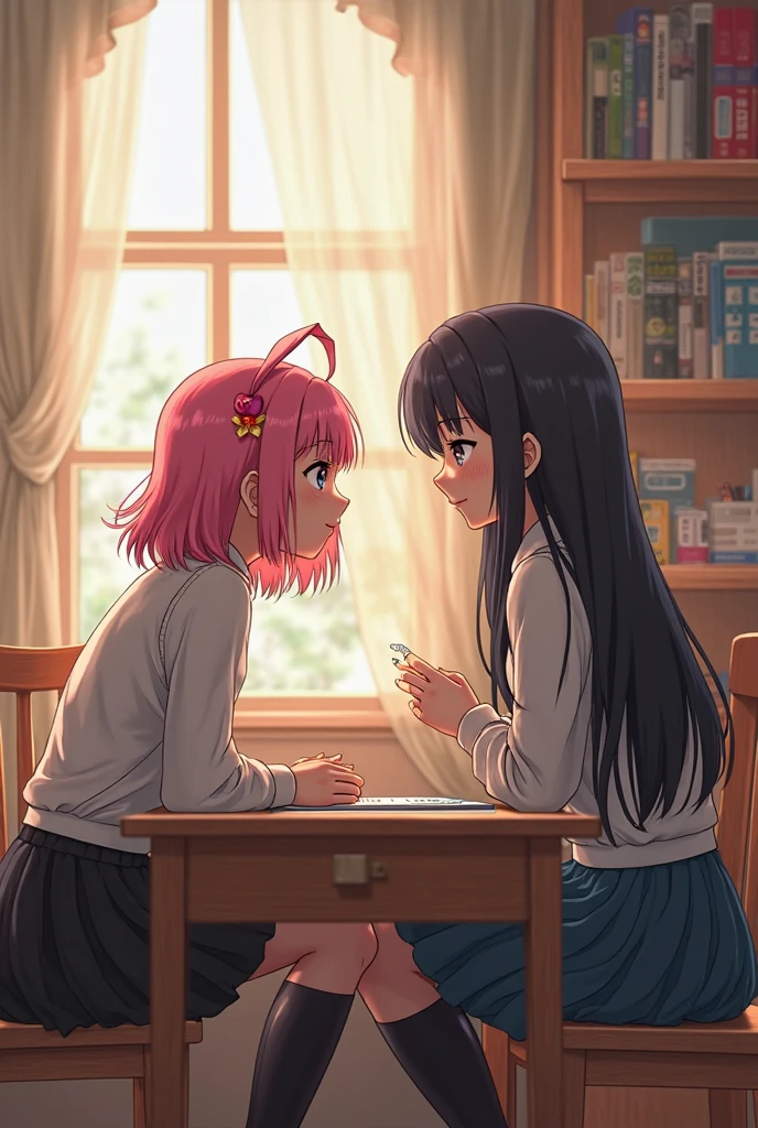 Absurd resolution, high resolution, (masterpiece: 1.4), super detailed, (((detailed face, detailed expression)), two girls, girl and girl, friends, best friends, classmates, relaxing, ponytail, bob, sitting on bed, sitting on the floor, two people conversing, background in room, friends, best friend, home, 1K, small room, curtains, bed, TV, desk, room wear, kyoto animation, The atmosphere of Kyoto Animation, (tearful)