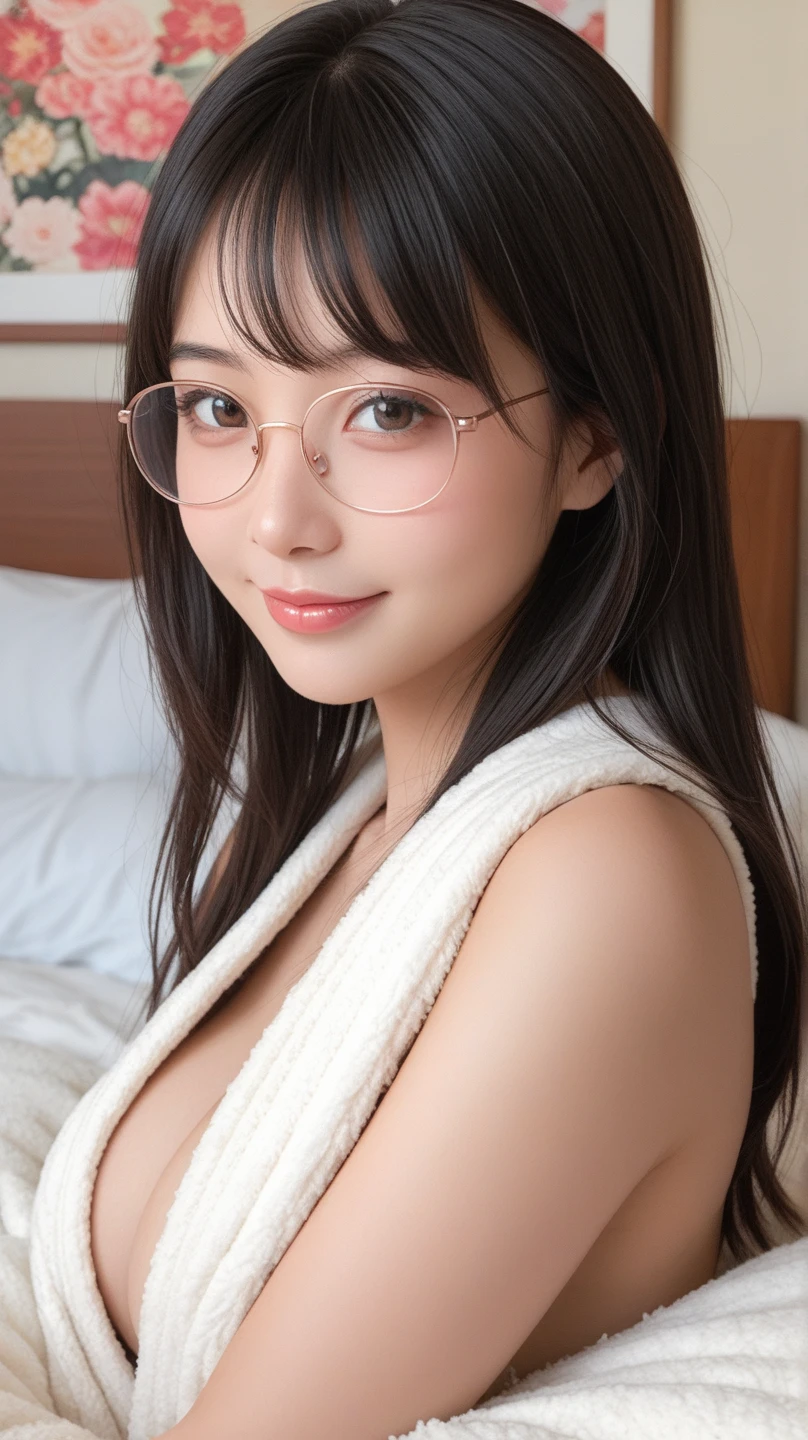 realisticlying、female、Looking up from the under、Face Zoom、ample Cleavage、crushed breasts , prone on a bed、sexly、blushy smile、Face Real、Wearing glasses, table shots
