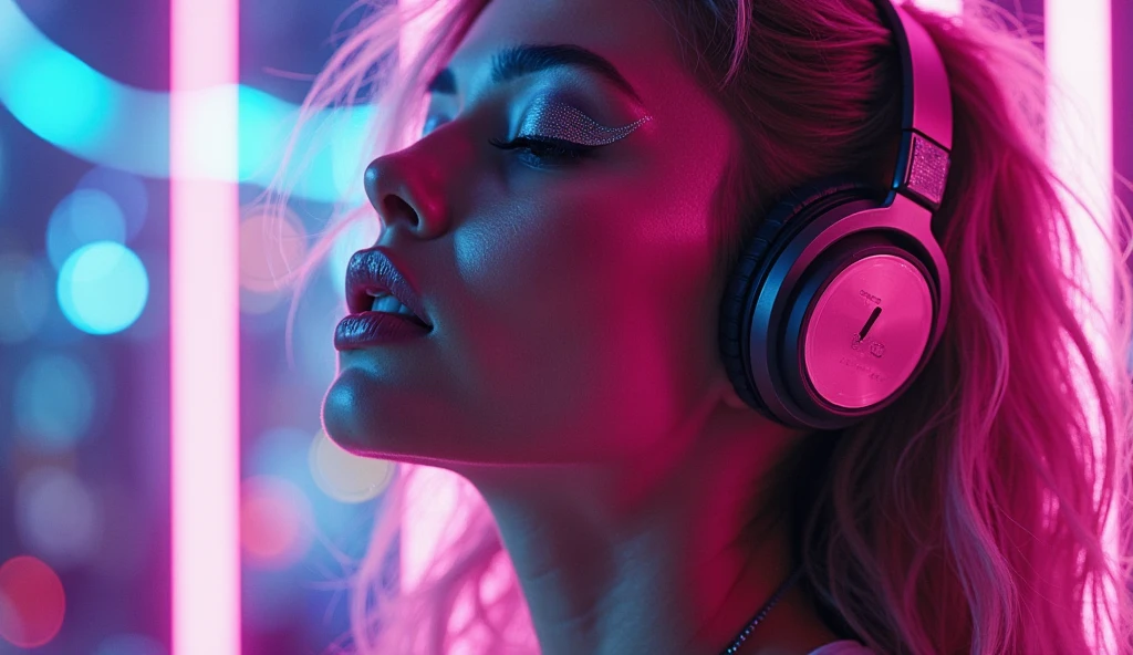 arafed woman in bikini posing in front of neon signs, neon and dark, glowing neon, big , dj headphone, glowing neon skin, portrait de fille aux ondes lumineuses, neon glow, neon light, subtle neon lighting, brillant d'une lumière colorée, neon glowing, lueur cyberpunk brillante, Neon Night, glow of neon lights, Douce atmosphère de néon, neon cyberpunk highlights, with neon lights