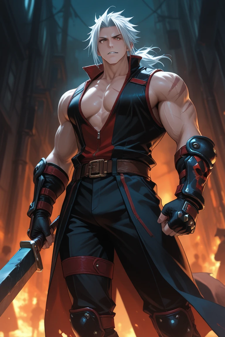 Chinese style, cyberpunk, a strong man in futuristic style clothing, muscular, unbuttoned coat, half sleeves, pixiv high rating, giggle, 1boy, uncle, short beard, fighting stance, big dynamics, black hair, red eyes, thick big muscles, muscular, only black fashion shorts, protruding crotch, in the dark old cell, super high resolution, ray tracing, volumetric light and shadow, super high resolution, rich background, flickering rich particle effects,